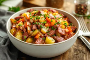 Homemade canned corned beef hash with potatoes, onions, and bell peppers, garnished with fresh chives