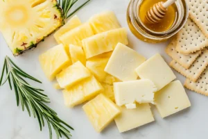 A cheese and pineapple platter with provolone, cheddar, brie, and fresh pineapple chunks