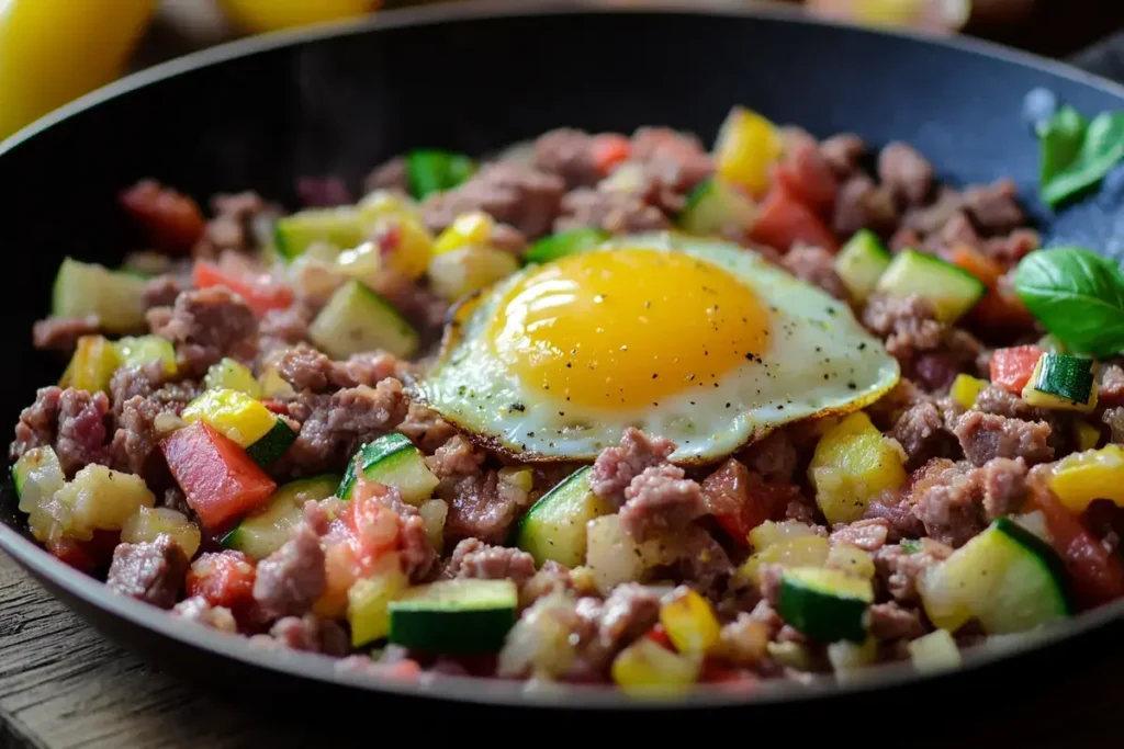 Close-up of hands chopping fresh ingredients like bell peppers, onions, and garlic for a canned corned beef breakfast recipe on a wooden cutting board