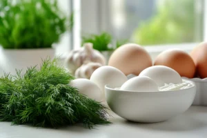 Close-up of fresh ingredients for Turkish Eggs (Çılbır): eggs, Greek yogurt, garlic, Aleppo pepper, and fresh dill on a white counter.