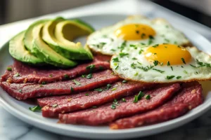 Sizzling corned beef hash with crispy potatoes and onions in a cast-iron skillet, perfect for breakfast