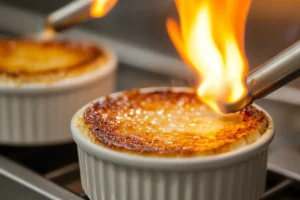 Close-up of a kitchen torch caramelizing the golden top of Crab Brulee in a ramekin