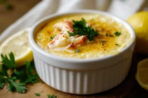 Golden caramelized Crab Brulee in a white ramekin, garnished with fresh parsley and lemon.