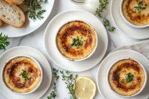 Step-by-step preparation of Crab Brulee, showing fresh crab meat and custard mixture in a mixing bowl