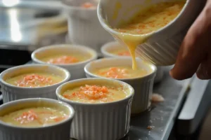 Step-by-step preparation of Crab Brulee, showing fresh crab meat and custard mixture in a mixing bowl