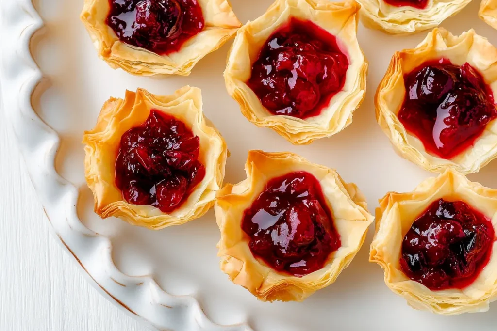 Golden-brown cranberry and goat cheese phyllo cups on a white ceramic platter, topped with vibrant red cranberry sauce, placed on a white kitchen table with a subtle wood grain texture