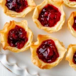 Golden-brown cranberry and goat cheese phyllo cups on a white ceramic platter, topped with vibrant red cranberry sauce, placed on a white kitchen table with a subtle wood grain texture