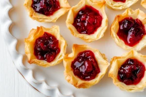 Golden-brown cranberry and goat cheese phyllo cups on a white ceramic platter, topped with vibrant red cranberry sauce, placed on a white kitchen table with a subtle wood grain texture