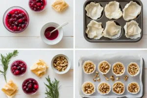 Grid image showing 4 steps to make cranberry and goat cheese phyllo cups: preparing phyllo dough, filling with goat cheese and cranberries, baking, and garnishing, on a white kitchen table with a subtle wood grain texture