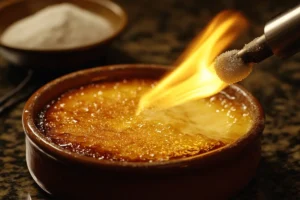 Close-up of a kitchen torch caramelizing the sugar topping on a crème brûlée, with a bowl of sugar and vanilla beans in the background