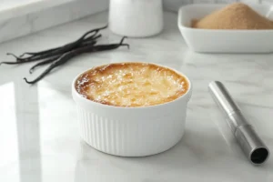 Close-up of a perfectly caramelized crème brûlée in a white ramekin on a marble countertop, with a kitchen torch and ingredients in the background