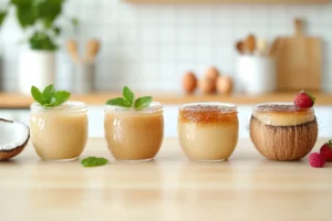 Four crème brûlée desserts in mason jars, teacups, silicone molds, and coconut shells, arranged on a wooden table with kitchen utensils in the background