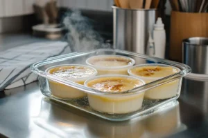 A glass baking dish with water holding three ramekins of crème brûlée custard, with oven mitts and utensils in the background.