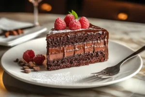 Slice of rich chocolate cake with glossy ganache, garnished with fresh raspberries and powdered sugar