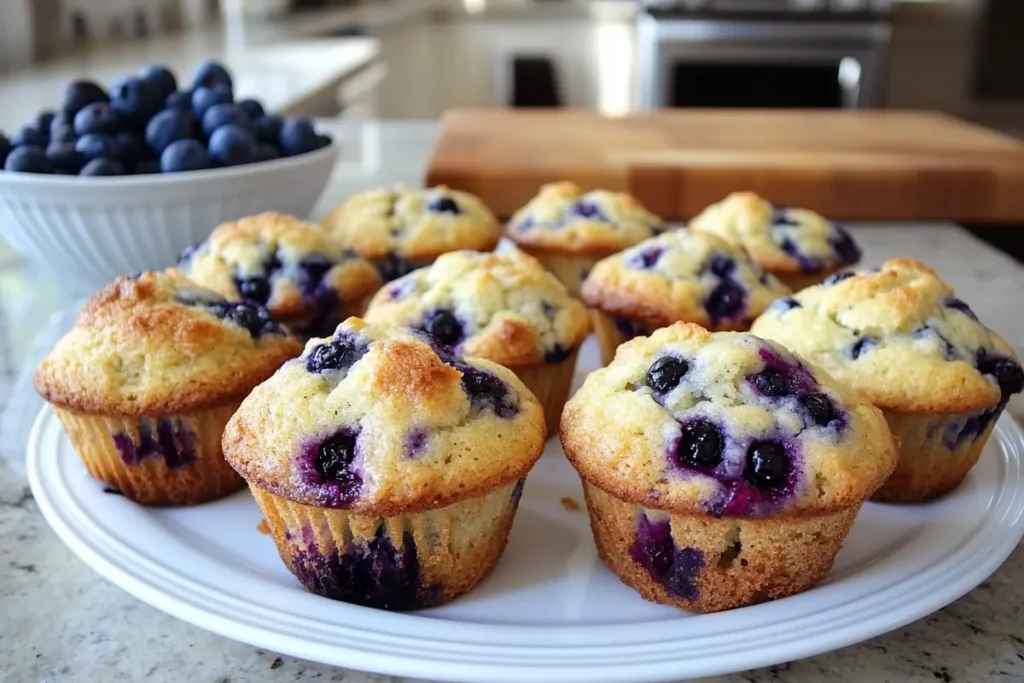 Close-up of freshly baked blueberry muffins with golden crust and juicy blueberries on a white plate