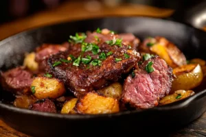 Healthy corned beef hash bowl with roasted sweet potatoes, bell peppers, and spinach