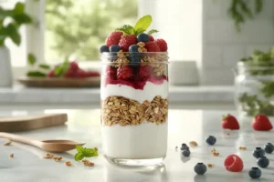 Layered fresh berry parfait with Greek yogurt, granola, and honey drizzle, garnished with mint leaves