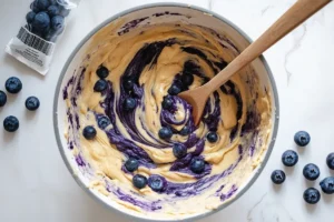 Mixing blueberry protein muffin batter in a bowl with fresh blueberries and protein powder