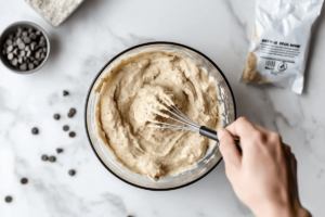 Mixing muffin batter with protein powder in a bowl, showing a hand whisking the ingredients