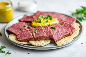 Sliced canned corned beef on whole-grain crackers with mustard and parsley, a quick no-cook recipe