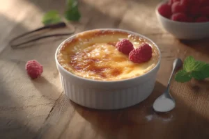 Close-up of a perfectly caramelized crème brûlée with a cracked sugar crust and creamy custard, garnished with fresh raspberries and mint