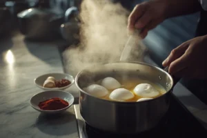 Chef’s hands poaching eggs in a stainless steel pot for Turkish Eggs (Çılbır), with a bowl of garlic yogurt and spices on a marble counter.