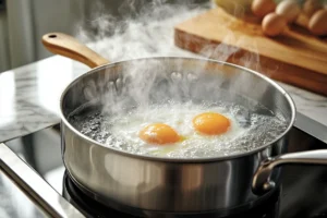 Close-up of eggs being poached in simmering water for Turkish eggs (Çılbır)