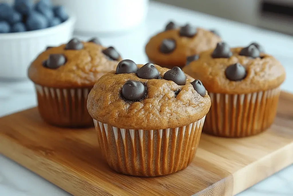 Freshly baked protein muffins with chocolate chips on a wooden cutting board, surrounded by blueberries