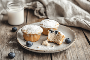 Two protein muffins served with a glass of milk and almond butter on a rustic table.