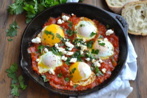 Vibrant Shakshuka in a cast-iron skillet with poached eggs, spiced tomato sauce, and fresh parsley garnish, served with crusty bread on a rustic wooden table