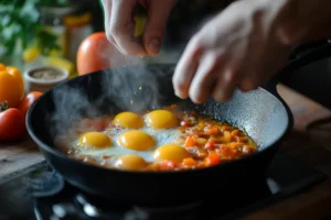 Close-up of hands cracking eggs into a simmering tomato and pepper sauce for Shakshuka, with fresh vegetables and spices on a kitchen counter