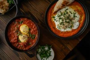 Side-by-side comparison of Shakshuka and Turkish Eggs, showcasing their unique textures and flavors on a rustic wooden table