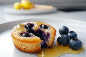 Sliced blueberry muffin on a white plate with fresh blueberries and a drizzle of honey