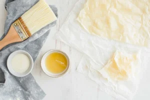 Step 1: Preparing phyllo dough by brushing melted butter on a sheet, with a pastry brush and bowl of butter on a white kitchen table with a subtle wood grain texture