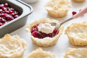 Step 2: Filling phyllo cups with creamy goat cheese and cranberry sauce using a spoon, with a muffin tin and bowl of cranberry sauce on a white kitchen table with a subtle wood grain texture