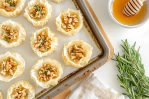 Step 3: Golden-brown baked phyllo cups being garnished with chopped walnuts and rosemary, with a baking sheet and small bowl of walnuts on a white kitchen table with a subtle wood grain texture