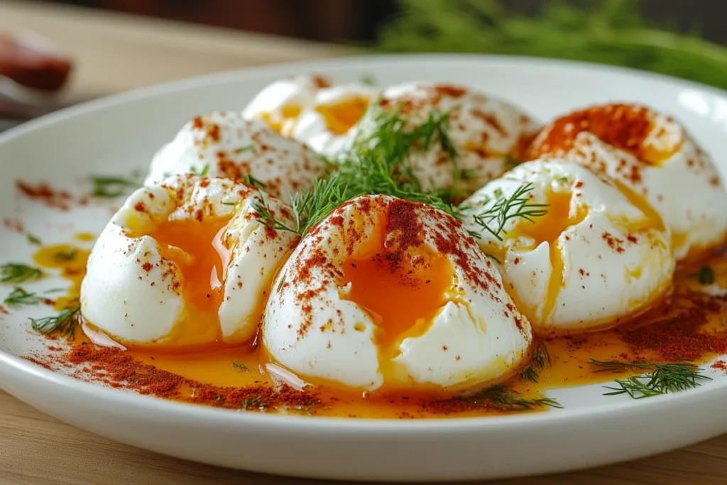 Turkish Eggs (Çılbır) served on a white plate with creamy garlic yogurt, poached eggs, and spiced butter sauce, garnished with fresh dill and paprika.