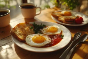 Cozy breakfast table setting with Turkish Eggs (Çılbır), Turkish tea, and crusty bread on a rustic wooden table.