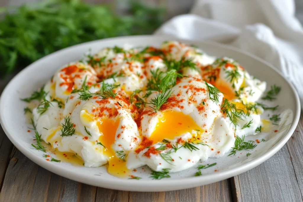 A plate of Turkish eggs (Çılbır) with poached eggs, creamy yogurt, and spicy chili butter, garnished with dill and paprika.