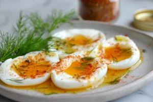 Elegantly plated Turkish Eggs (Çılbır) with poached eggs on creamy garlic yogurt, drizzled with paprika butter and garnished with fresh dill