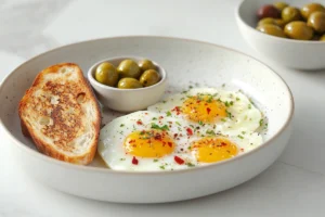 Turkish Eggs (Çılbır) served with toasted sourdough bread and olives on a light gray kitchen counter.