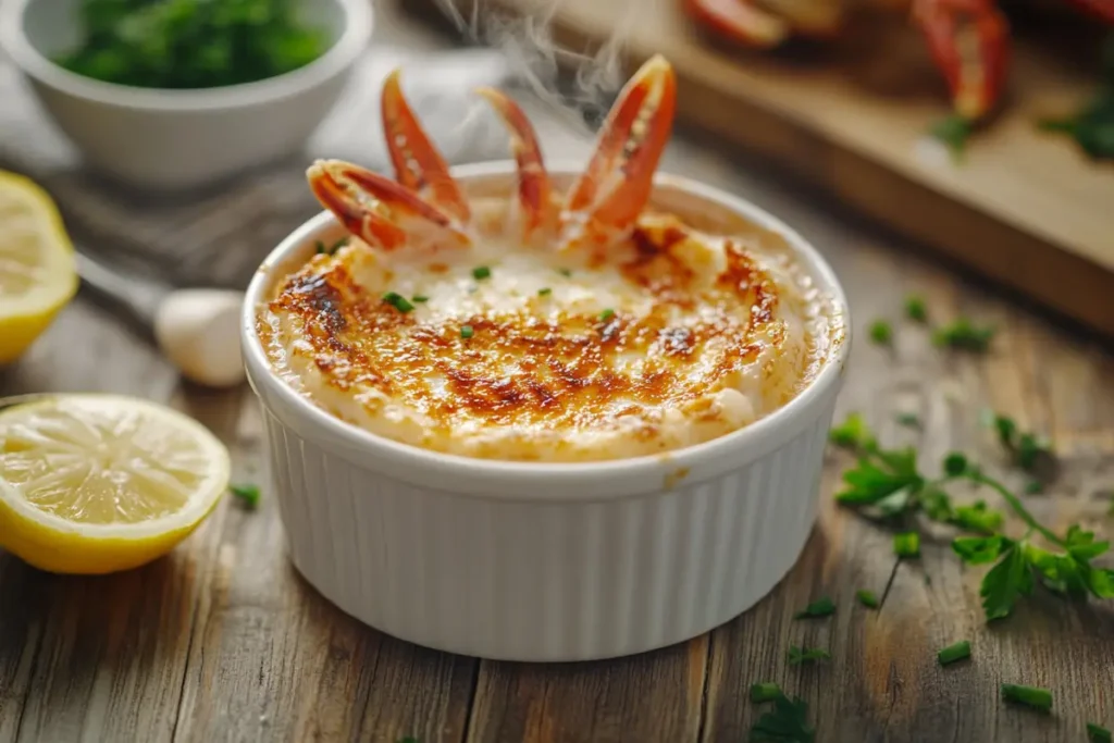 Golden caramelized crab brulee in a ramekin, garnished with fresh herbs and lemon, served on a rustic wooden table