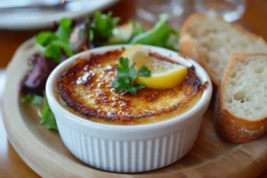 Finished crab brulee in a ramekin, garnished with parsley and lemon, served with a green salad and crusty bread