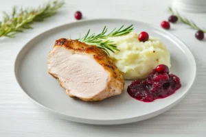 Roasted turkey slice with cranberry sauce and rosemary garnish on a white wooden table