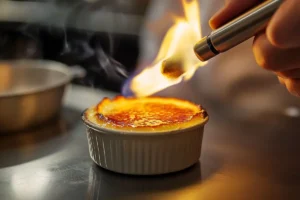 A chef using a kitchen torch to caramelize the sugar topping on a crab brûlée in a professional kitchen setting.