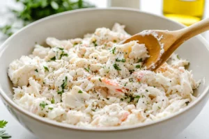 Close-up of fresh crab meat mixed with cream and cheese in a bowl, ready for the easy crab brulee recipe.