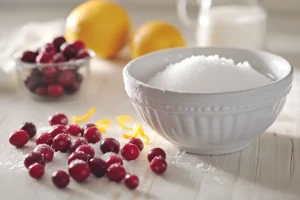 Fresh cranberries, sugar, orange juice, and cinnamon sticks arranged on a white wooden table for homemade cranberry sauce