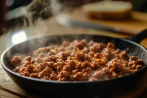 Sizzling ground sausage crumbles in a cast-iron skillet, perfectly cooked and golden brown.