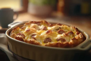 Golden-brown sausage breakfast casserole with eggs, cheese, and bread