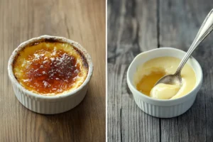 A beautifully plated crab brûlée served in a white ramekin, garnished with fresh herbs and a lemon wedge, accompanied by a glass of white wine.